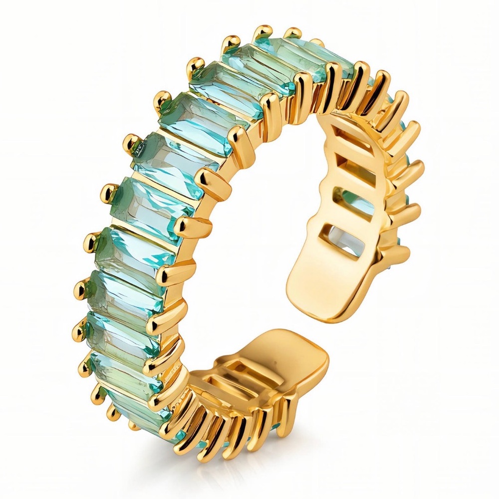 Aqua Baguette CZ Adjustable Ring 18K Gold Plated Stainless Steel